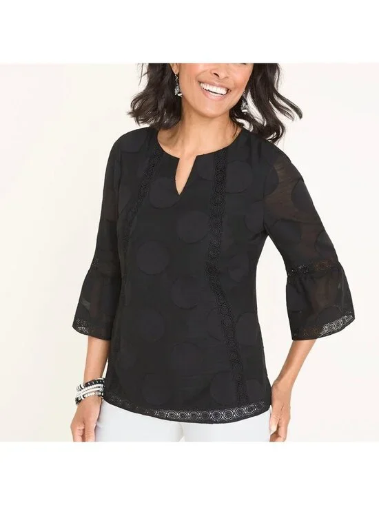 White Chico's Sheer Polka Dot Blouse With Crochet Trim & 3/4 Bell Sleeves - Picture 2 of 6